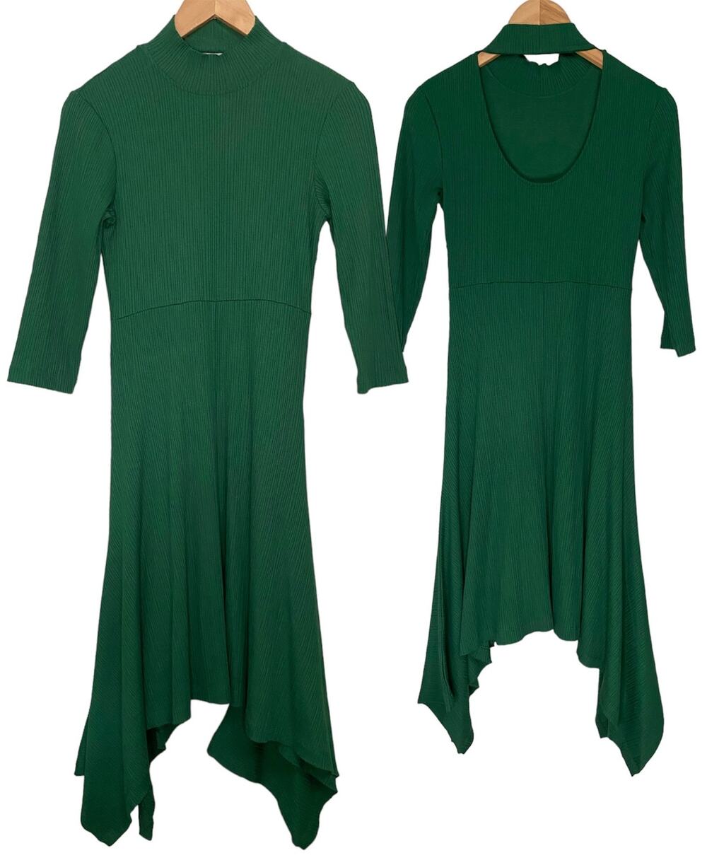 Anthropologie Ribbed Midi Green Dress Small Asymmetrical Preppy Minimalist